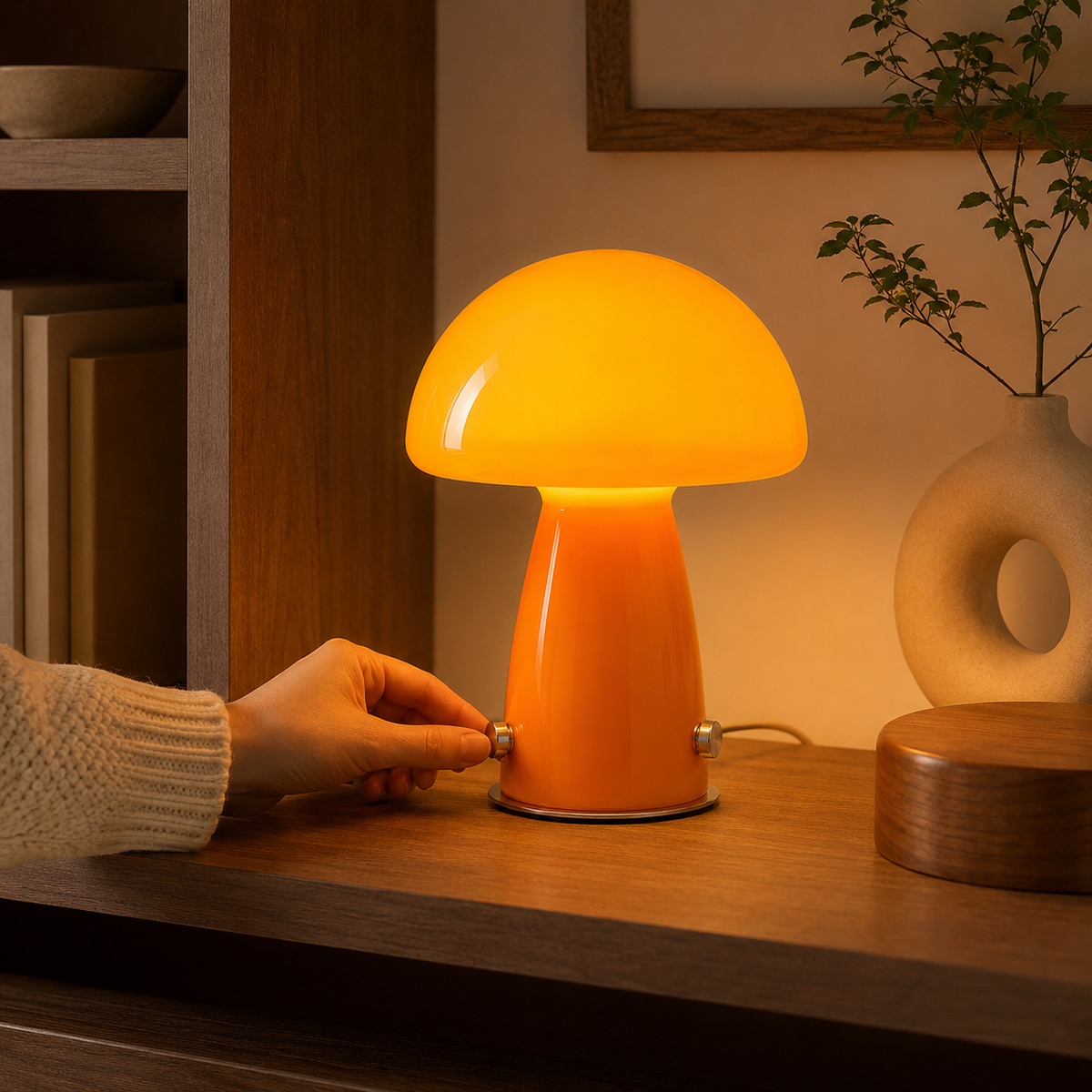 Lampe champignon en verre orange allumée dans un intérieur chaleureux