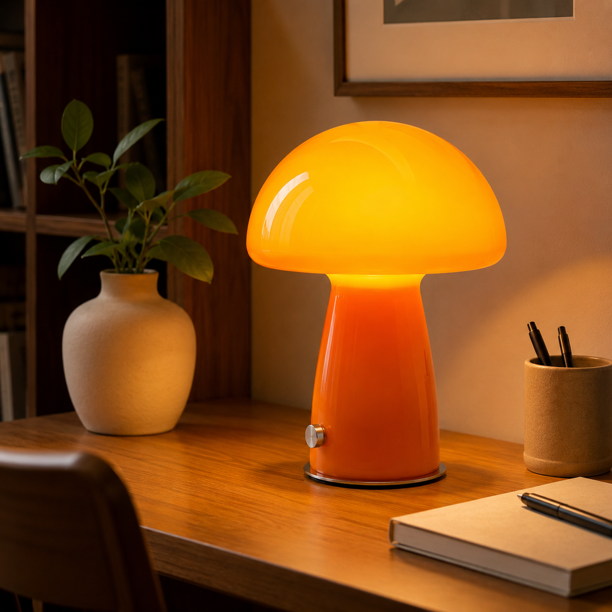 Lampe champignon en verre orange allumée sur un bureau en bois avec vase et cadre