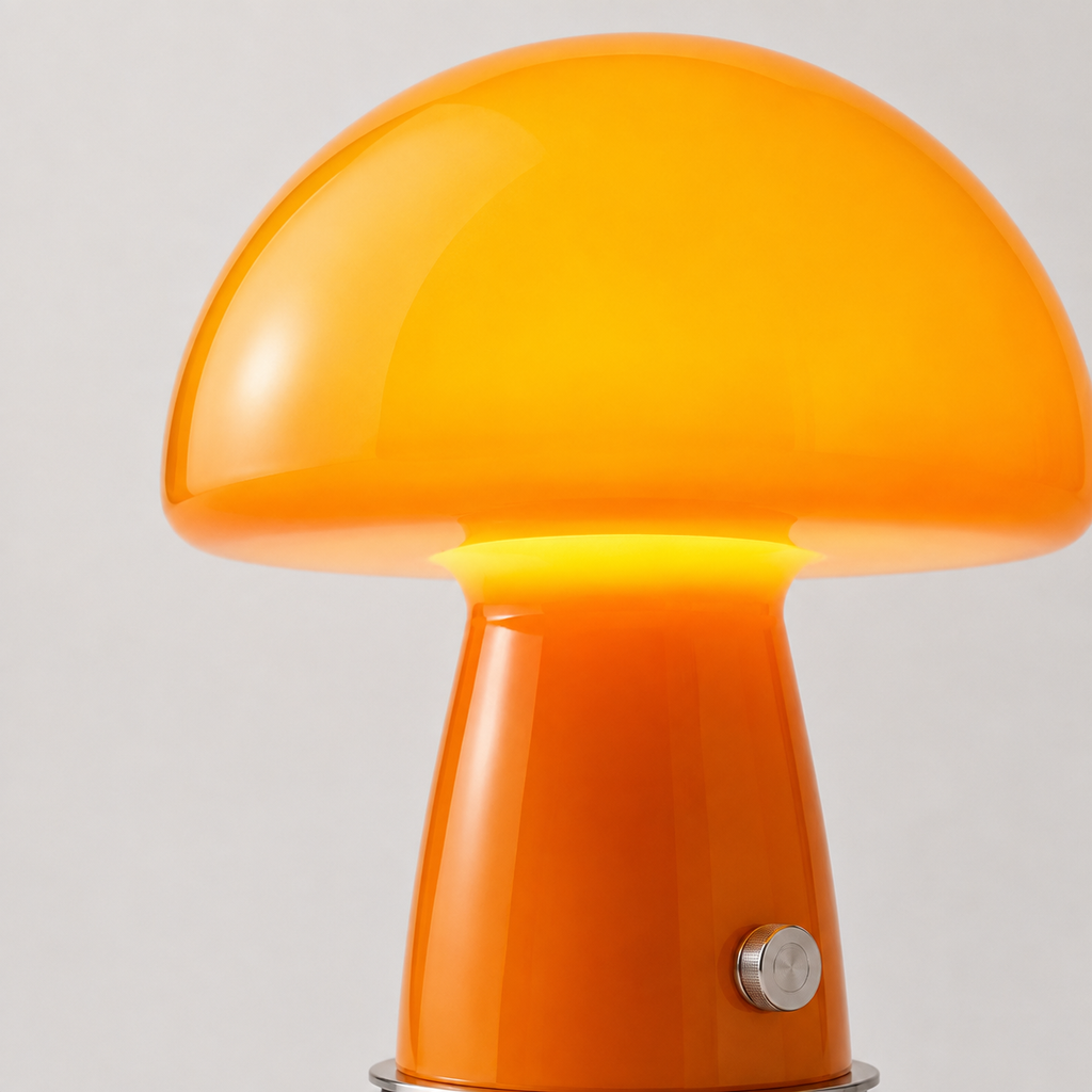 Détail de l’abat-jour en verre et du socle de la lampe champignon orange