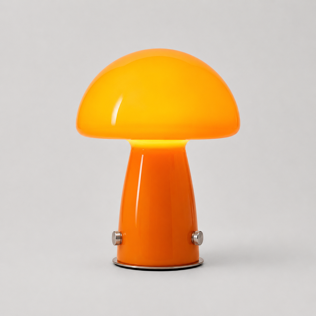 Lampe champignon en verre orange allumée, abat-jour arrondi et pied conique, vue de face