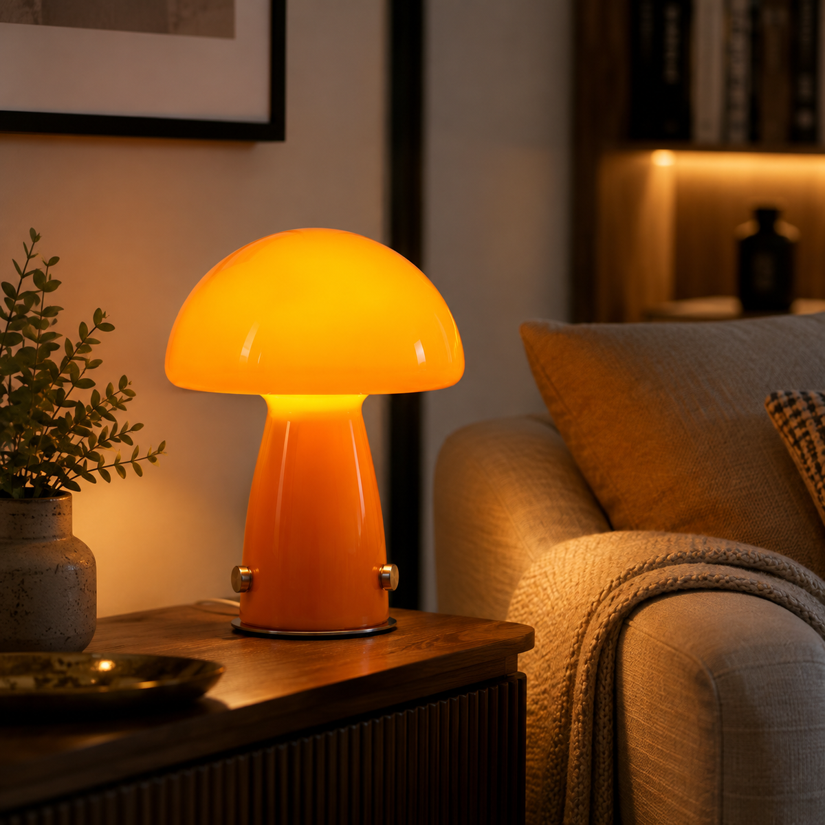 Lampe champignon en verre orange allumée sur un meuble en bois dans un salon
