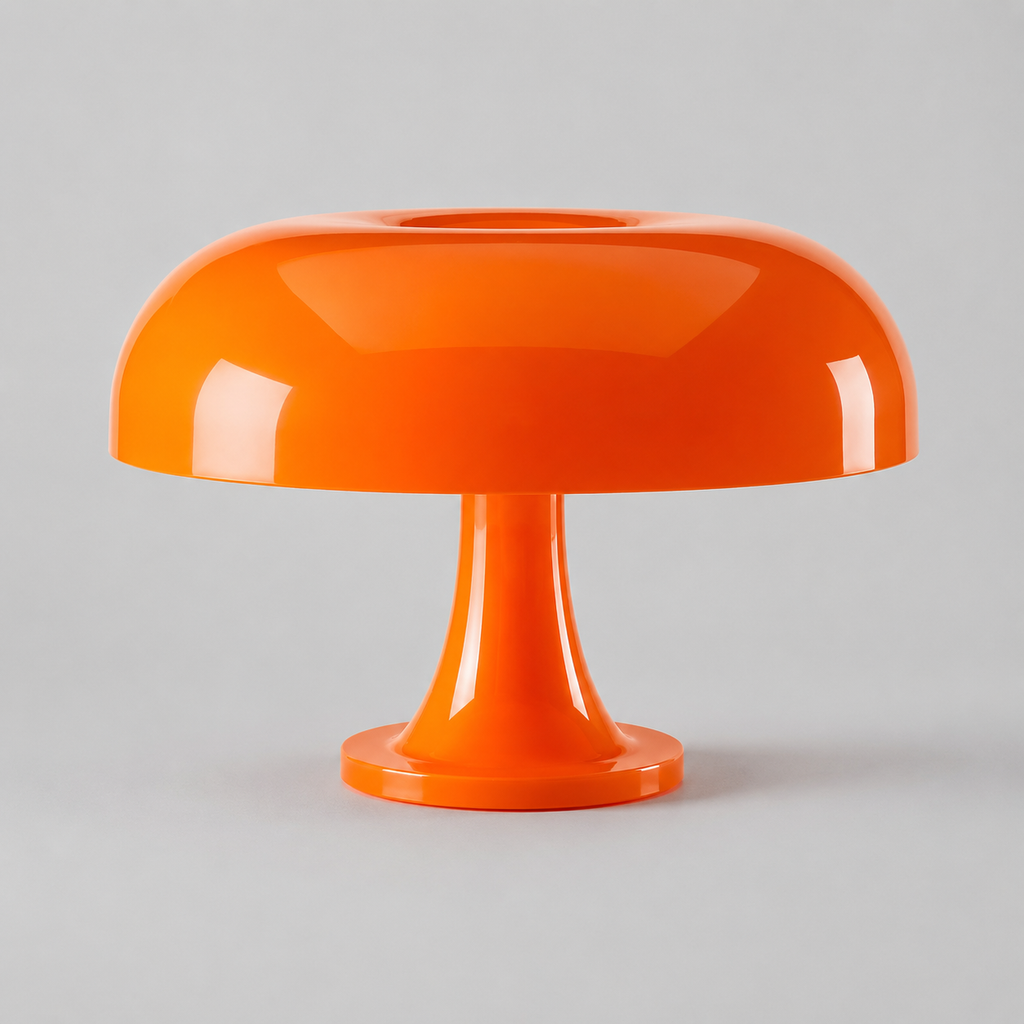 Lampe à poser champignon vintage orange à abat-jour arrondi, vue de face