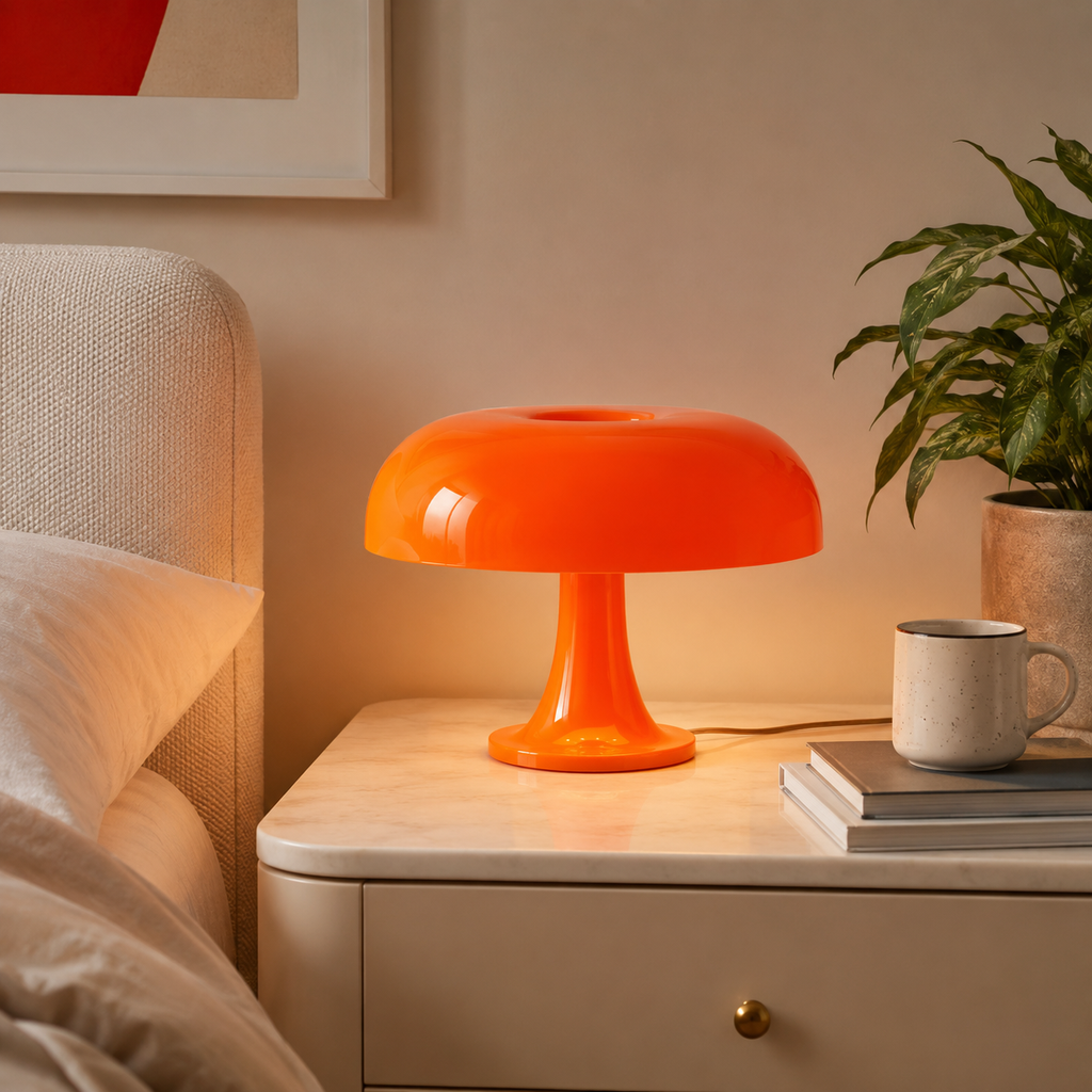 Lampe champignon orange allumée sur une table de chevet blanche dans une chambre
