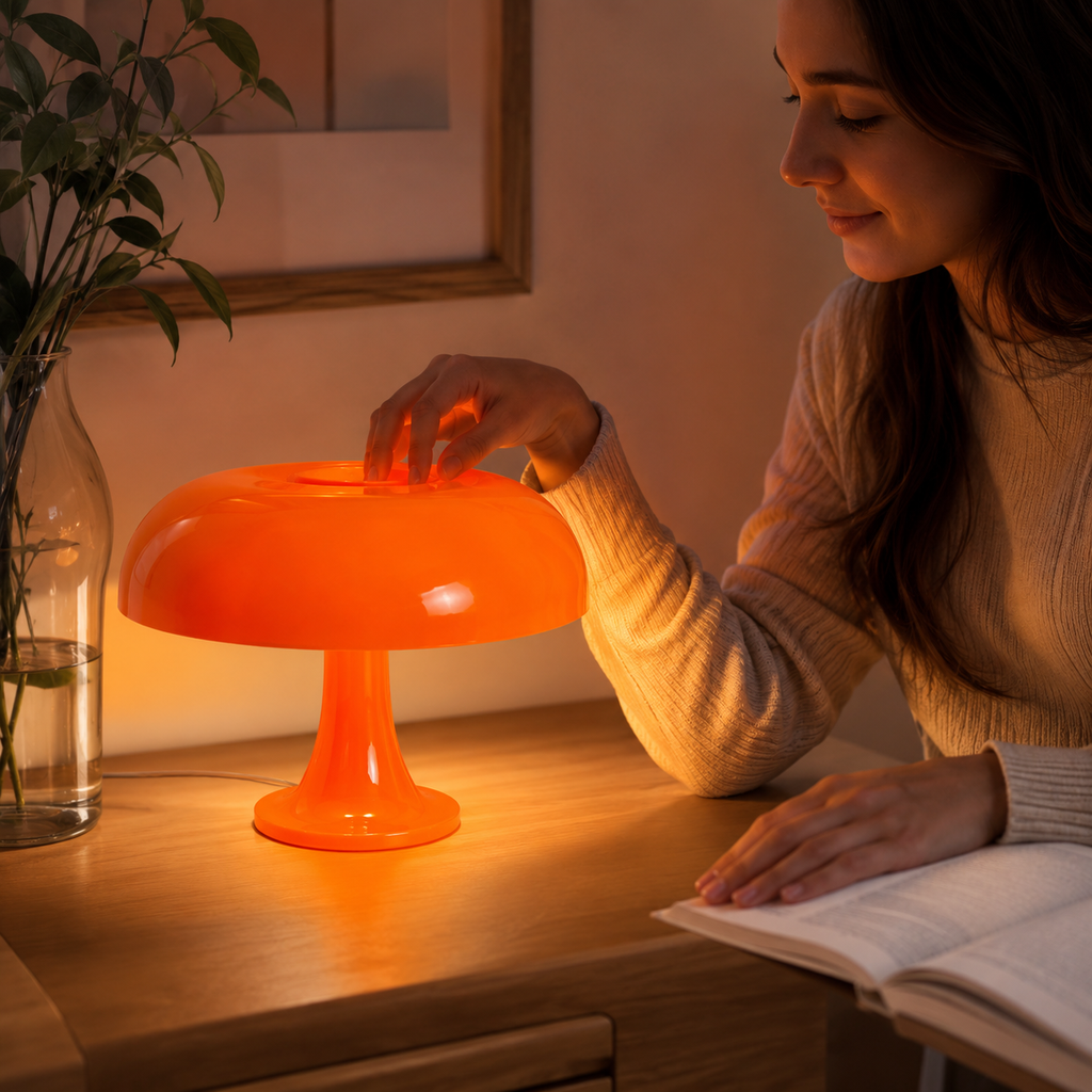 Lampe champignon orange allumée éclairant une table de travail dans un intérieur