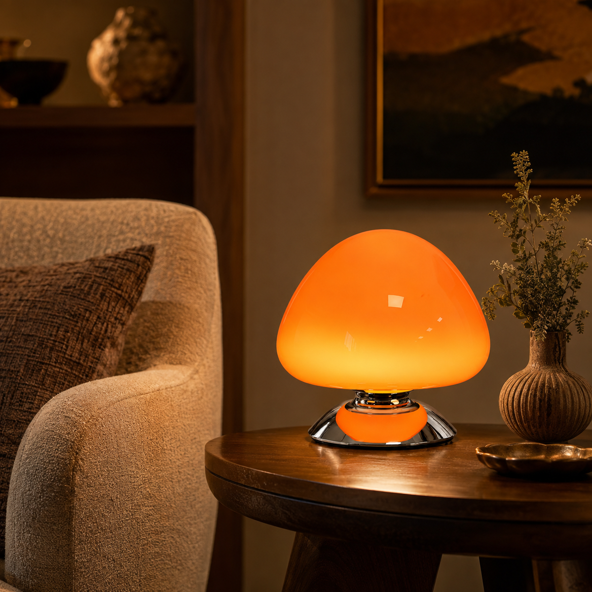 Lampe champignon tactile orange allumée sur une table ronde dans un salon