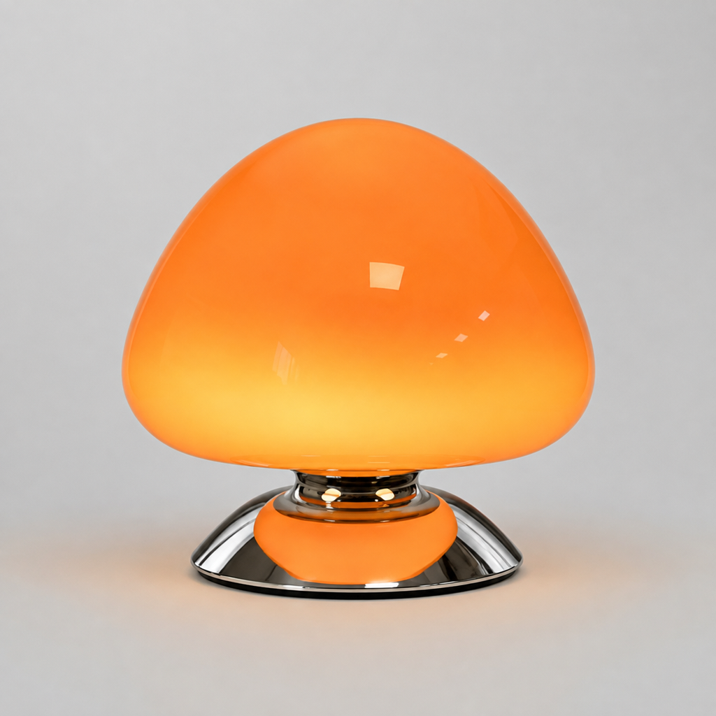 Lampe de chevet champignon tactile orange en verre avec socle chromé, vue de face