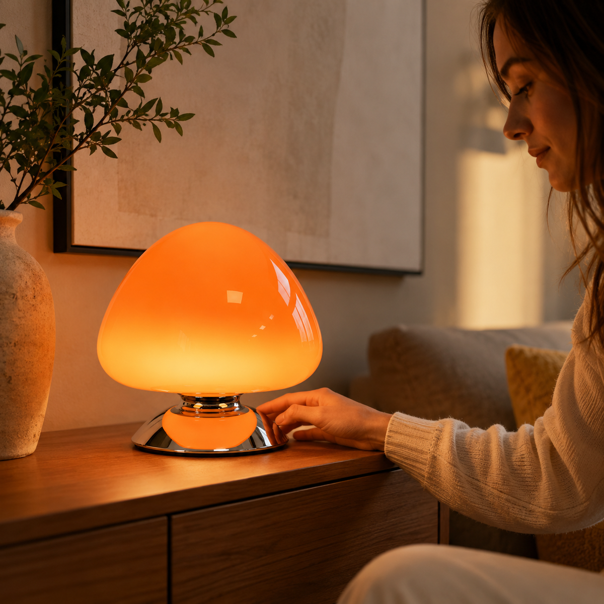 Lampe champignon tactile orange allumée sur une table dans un intérieur