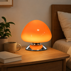 Lampe champignon tactile orange allumée sur une table d’appoint en bois dans un salon