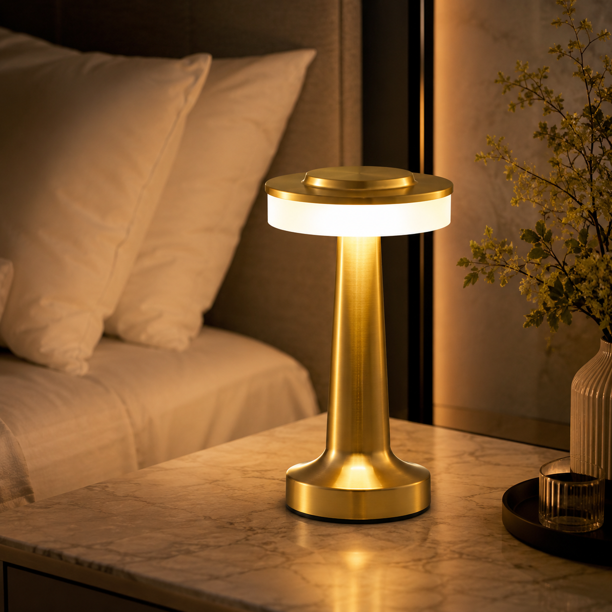 Lampe de chevet LED dorée portable sur une table de nuit