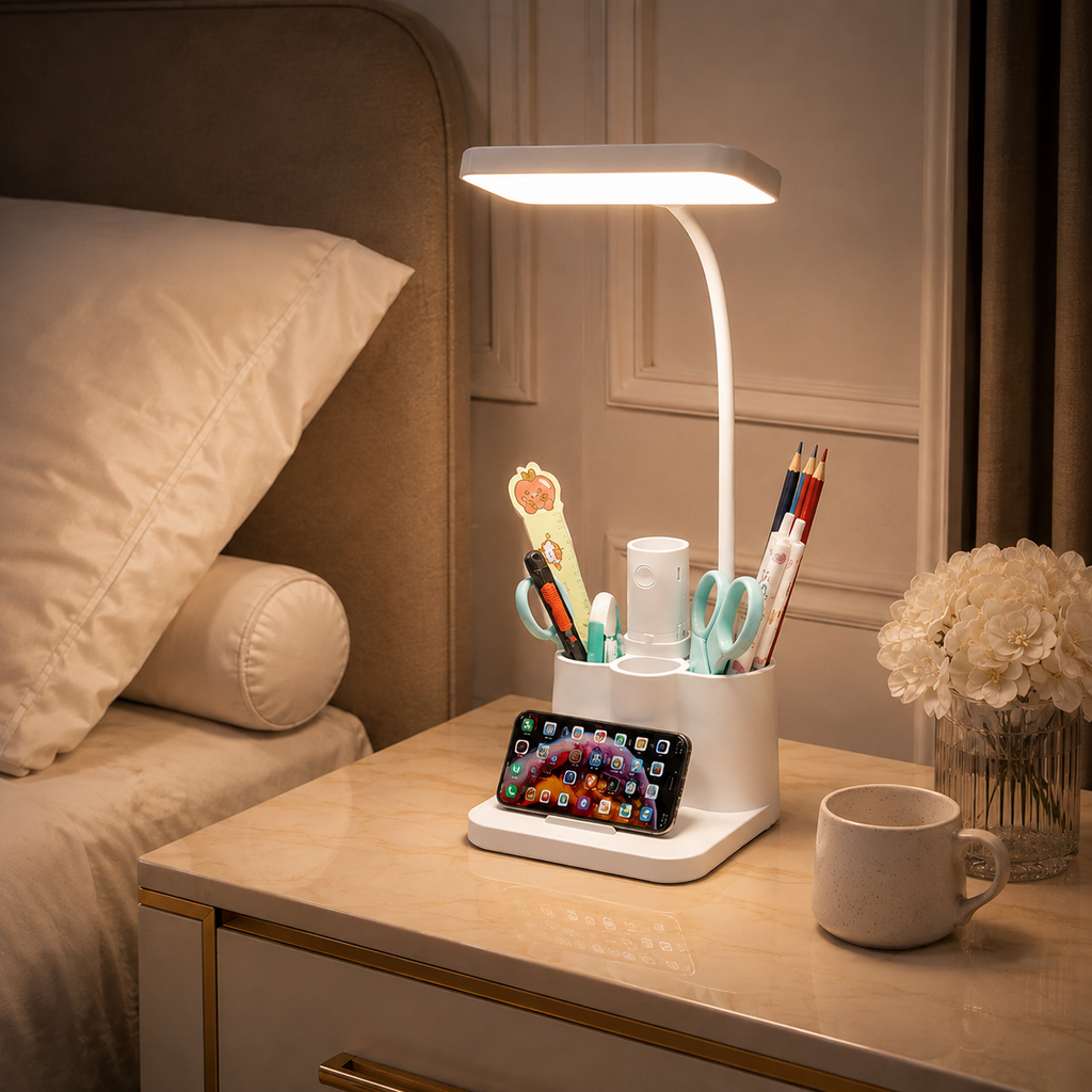 Lampe allumée sur une table de nuit près d'un lit, rangements et téléphone en place.