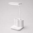 Lampe multifonction éteinte vue de face, base carrée avec compartiments de rangement.