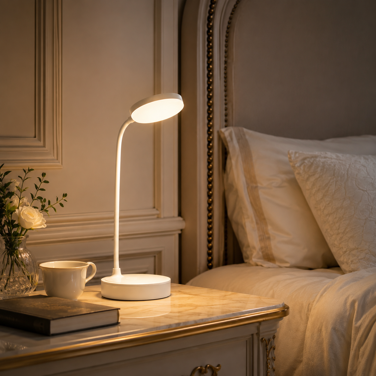 Lampe de chevet rechargeable sans fil créant une lumière chaude près du lit