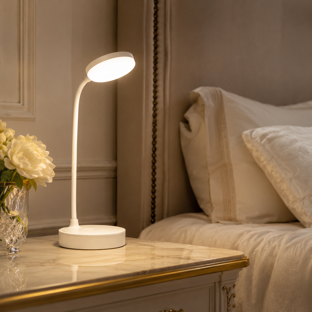 Lampe de chevet sans fil LED flexible blanche sur une table près du lit