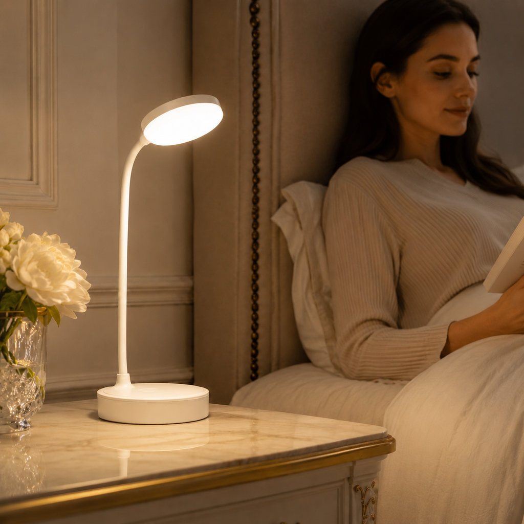 Lampe LED sans fil flexible éclairant une lecture au lit