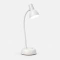 Lampe blanche à col flexible et abat-jour conique, éteinte, sur fond blanc neutre.