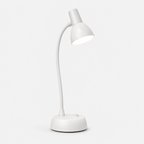 Lampe blanche à col flexible et abat-jour conique, éteinte, sur fond blanc neutre.