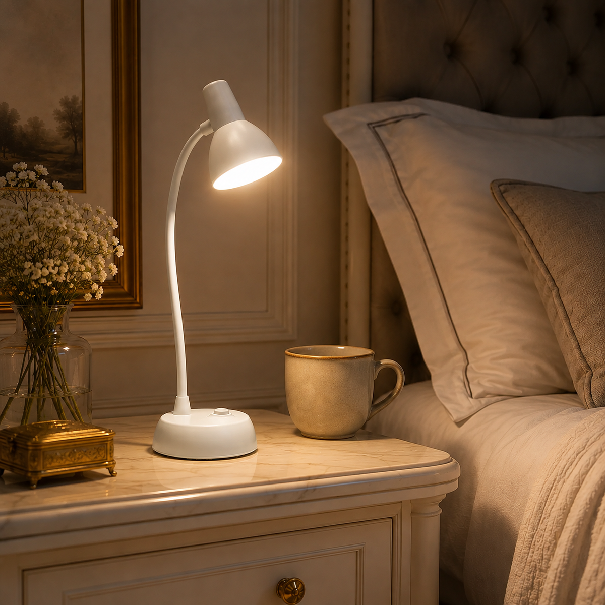 Chambre beige au coucher, lampe allumée près d'un vase de fleurs séchées et d'un mug.