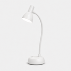 Lampe blanche vue de trois quarts, col orientable incliné et base ronde stable.