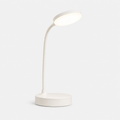Lampe LED blanche à bras flexible et base ronde, éteinte, sur fond gris neutre.