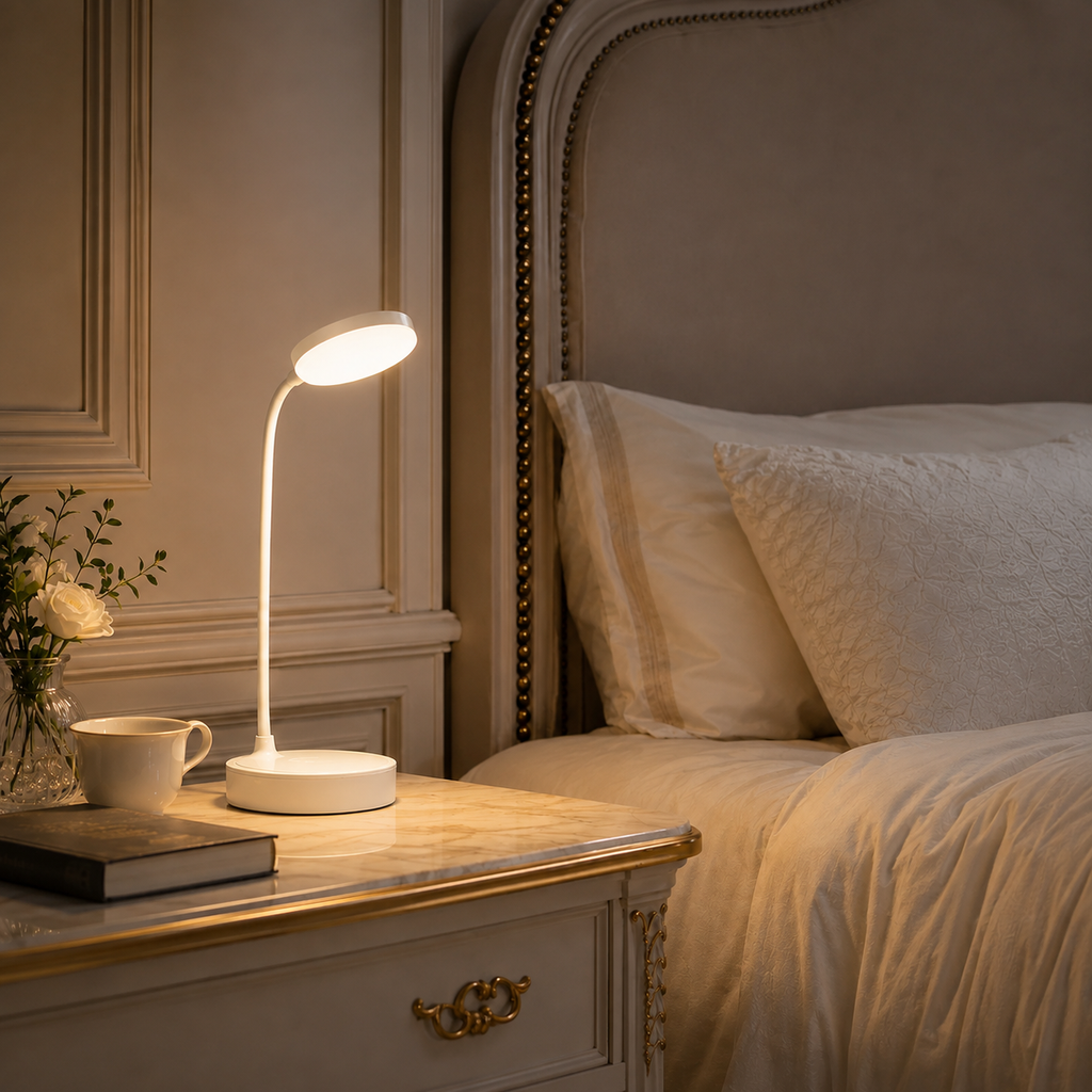 Lampe flexible allumée sur une table de nuit avec une tasse, à côté d'un lit fait.