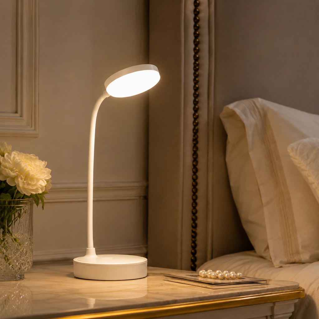 Lampe flexible allumée dans une chambre beige, bras incliné vers la table de chevet.