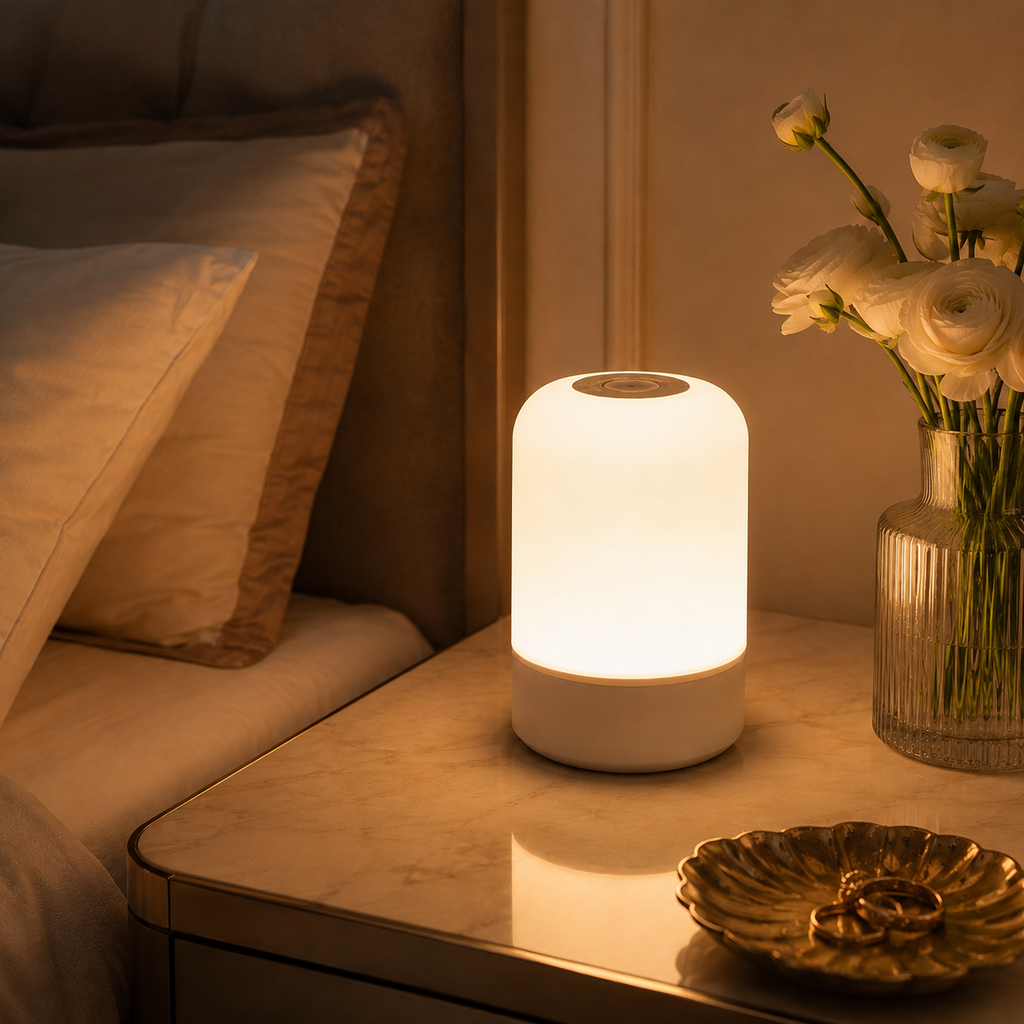 Lampe cylindrique allumée sur une table de chevet en bois, près d'un vase et d'un lit.