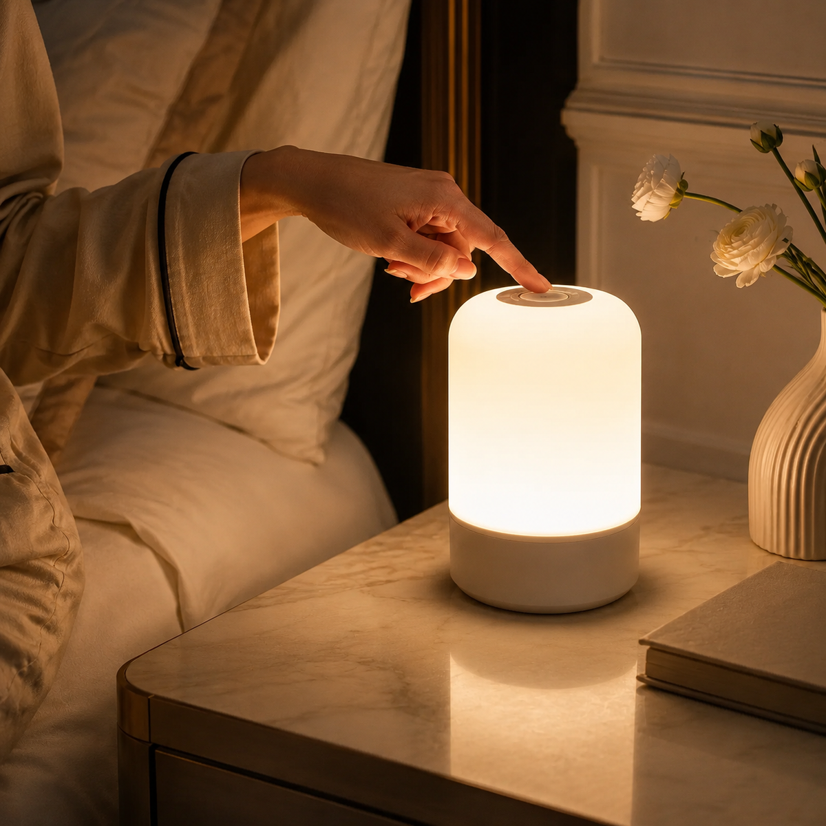Doigt effleurant la surface tactile de la lampe posée sur une table de nuit claire.