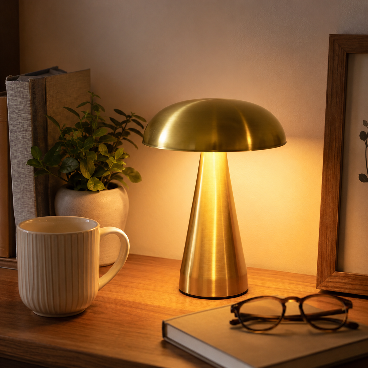Lampe champignon dorée allumée sur un bureau en bois à côté d’une plante