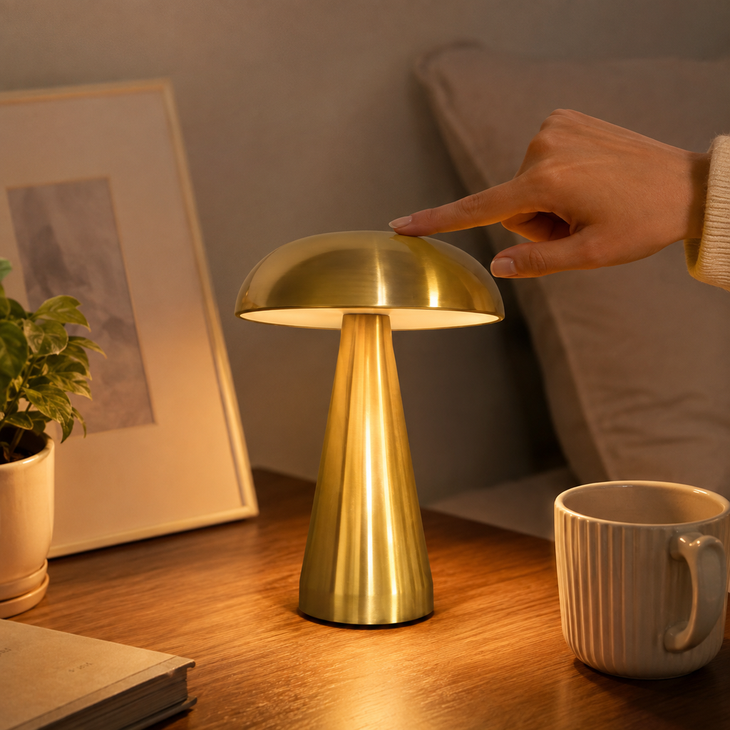 Main effleurant la commande tactile sur le dessus de la lampe champignon dorée