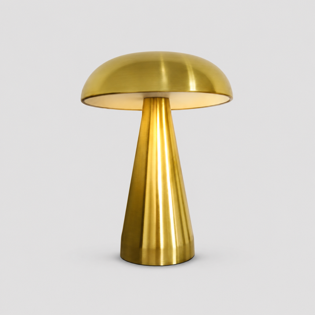 Lampe de chevet tactile champignon dorée en métal, abat-jour arrondi et pied évasé