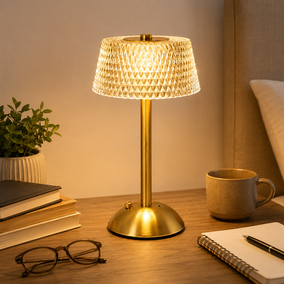 Lampe de chevet dorée effet cristal allumée sur un bureau en bois avec des livres