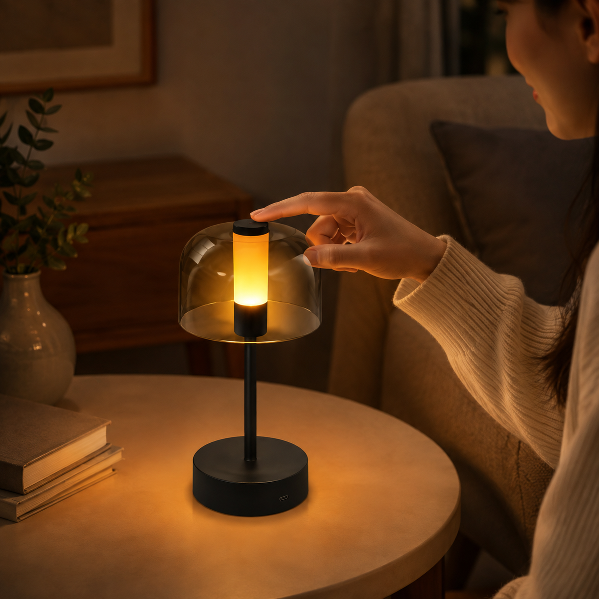 Main effleurant la commande tactile de la lampe de chevet noire