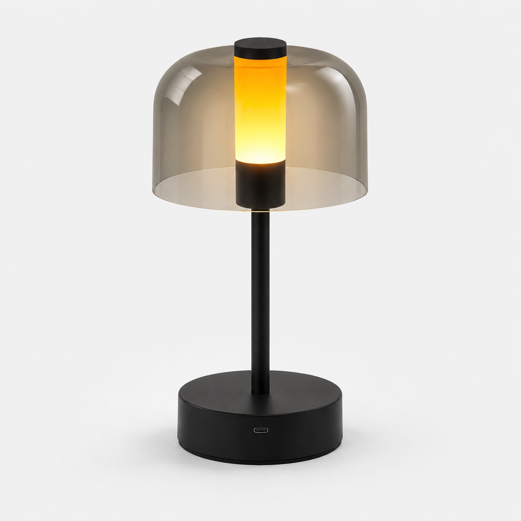 Lampe de chevet tactile noire à abat-jour dôme en acrylique fumé, vue de face