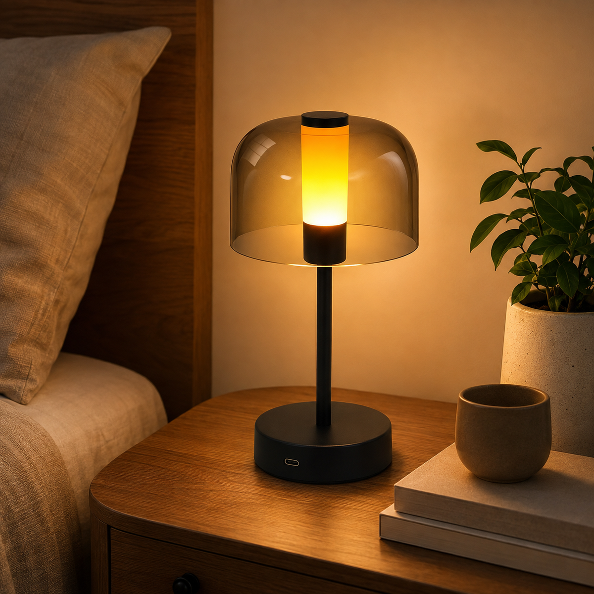 Lampe de chevet tactile noire allumée sur une table d’appoint en bois dans un salon
