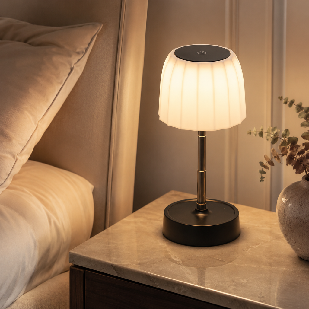 Lampe de chevet tactile noire avec abat-jour plissé et lumière chaude