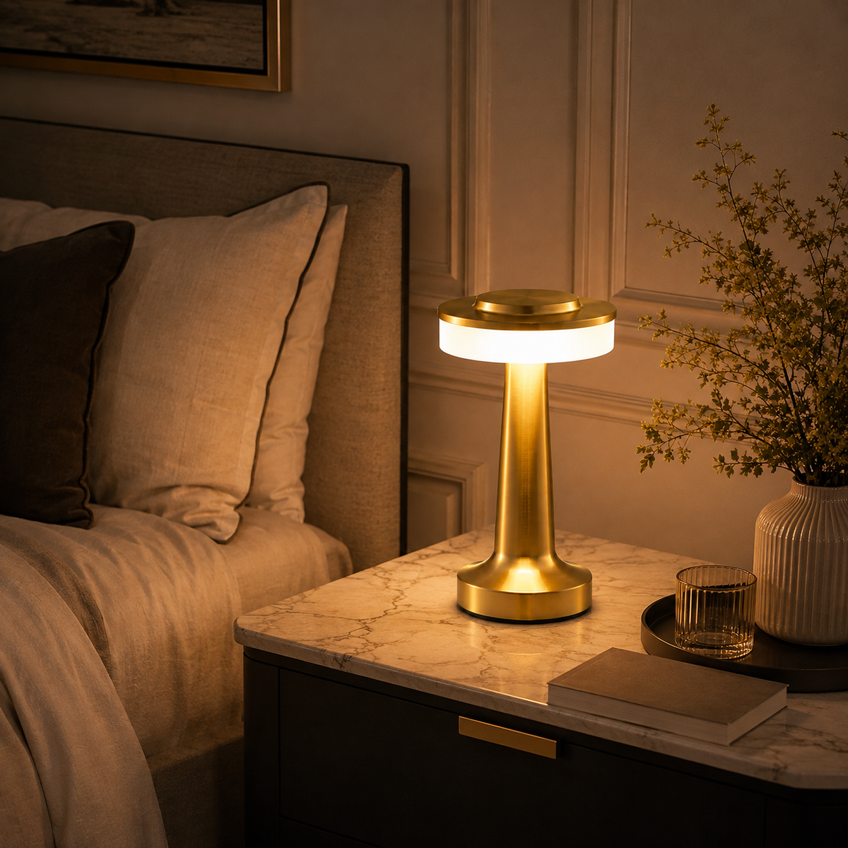 Chambre feutrée la nuit, lampe dorée allumée près d'un cadre mural et d'oreillers.