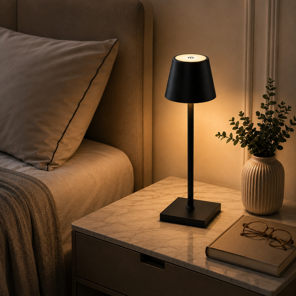 Lampe noire allumée sur une table de chevet, à côté d'un vase de branchages verts.