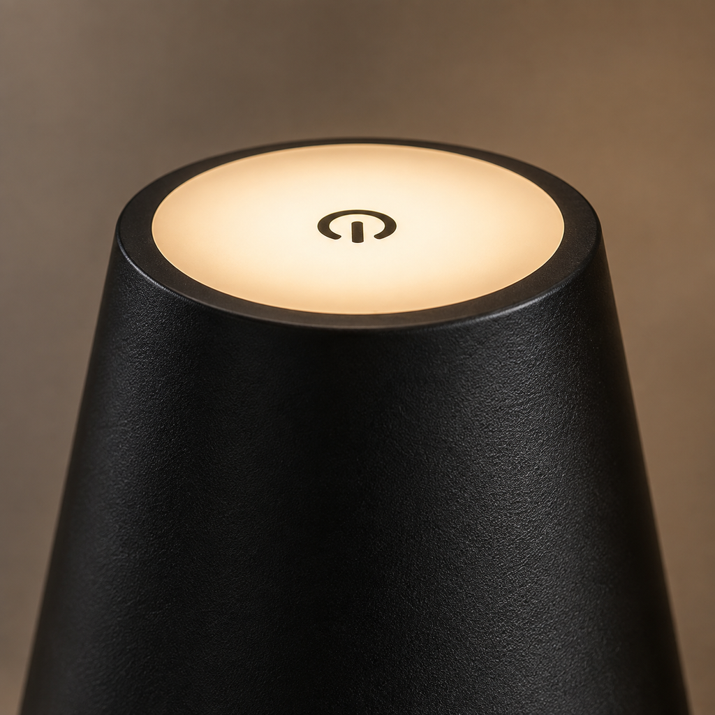 Gros plan de l'abat-jour noir allumé en lumière chaude, bouton tactile visible au sommet.