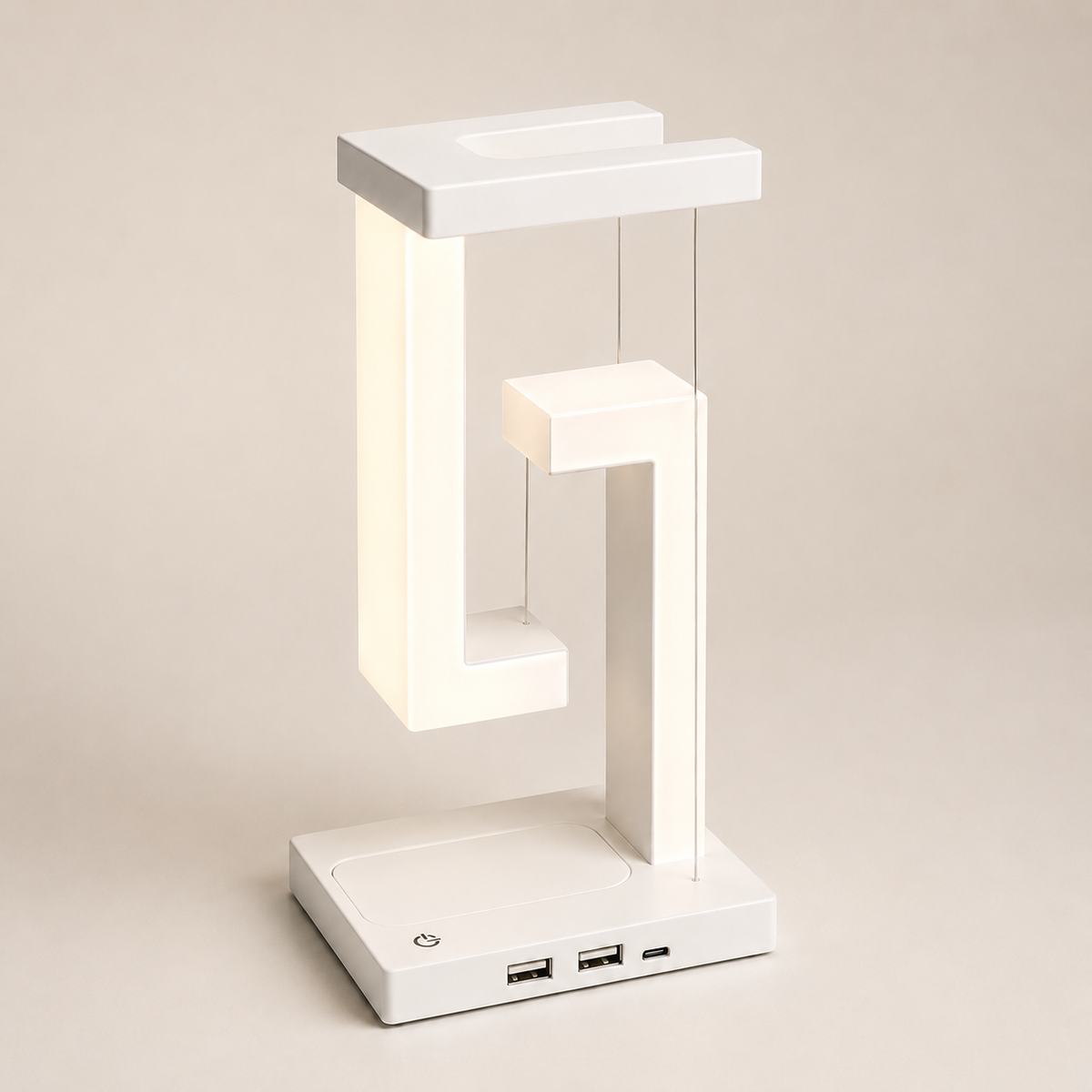 Lampe de chevet LED suspendue blanche au design flottant, vue de face