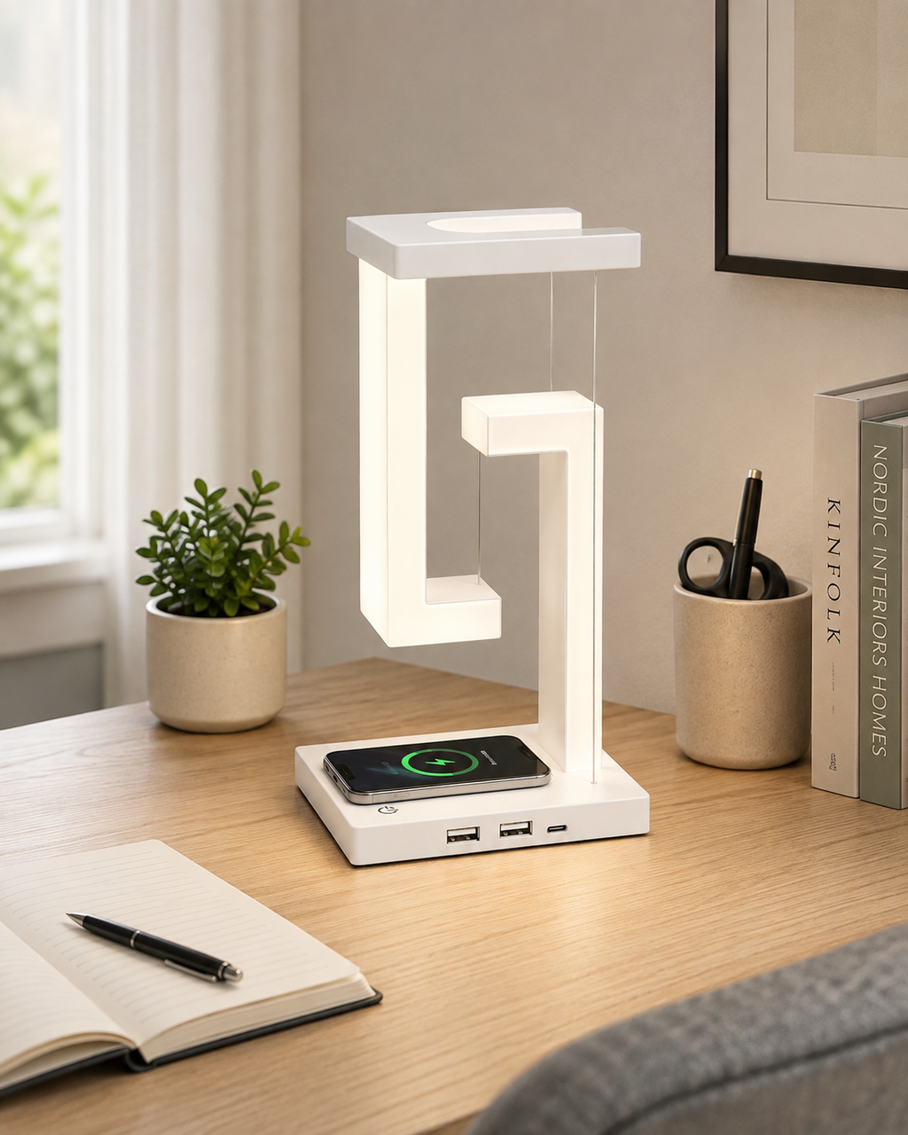 Lampe de chevet LED suspendue posée sur un bureau près d’une fenêtre