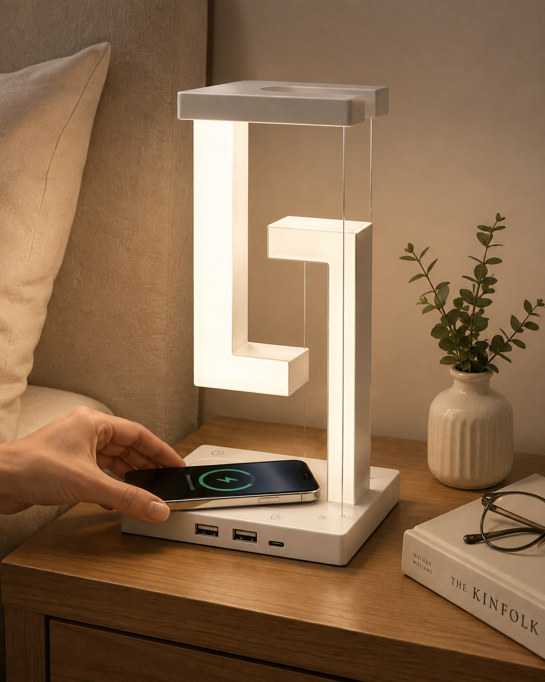 Téléphone posé sur le chargeur à induction intégré au socle de la lampe suspendue