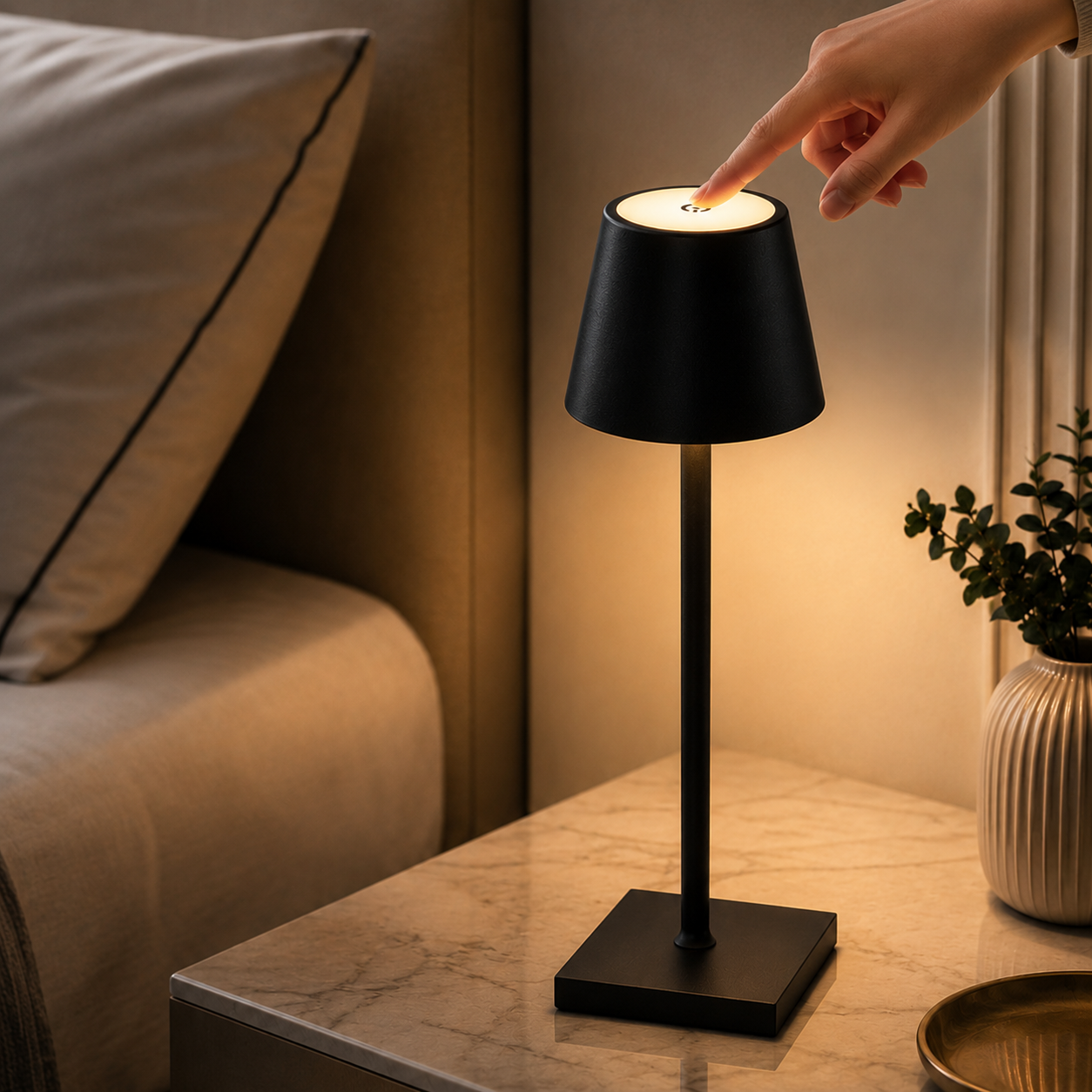 Lampe de chevet tactile LED noire rechargeable avec commande supérieure