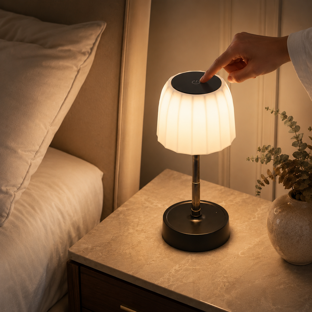 Main effleurant le dessus de la lampe allumée posée sur une table de nuit en bois.