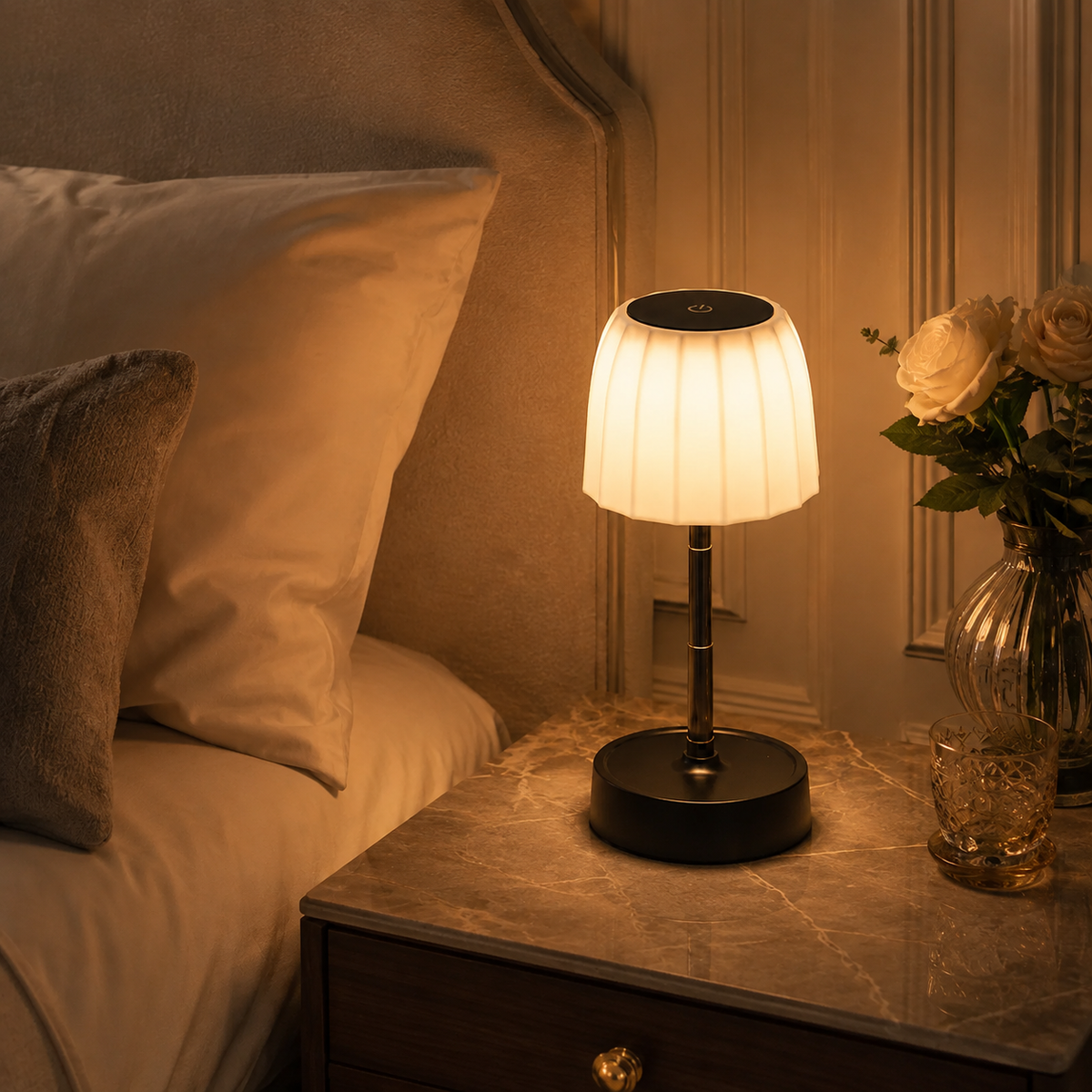 Chambre tamisée, lampe allumée sur la table de chevet à côté d'oreillers et de fleurs.