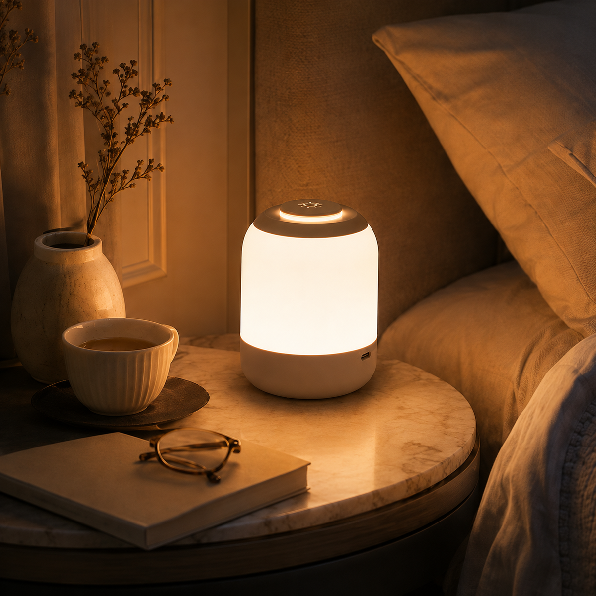 Lampe allumée sur une table en bois près d'un vase de branchages et d'un canapé beige.