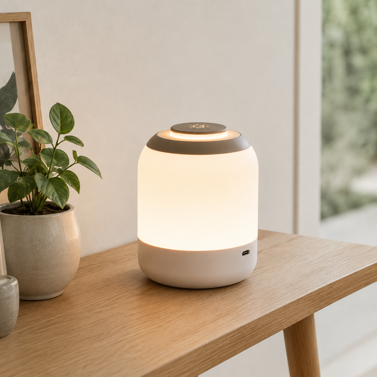 Lampe allumée sur une console en bois clair, plante verte et fenêtre à l'arrière-plan.