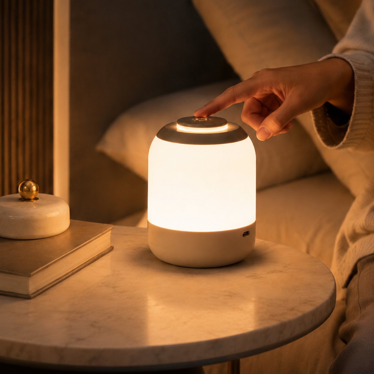 Main effleurant le dessus de la lampe allumée pour ajuster l'intensité lumineuse.