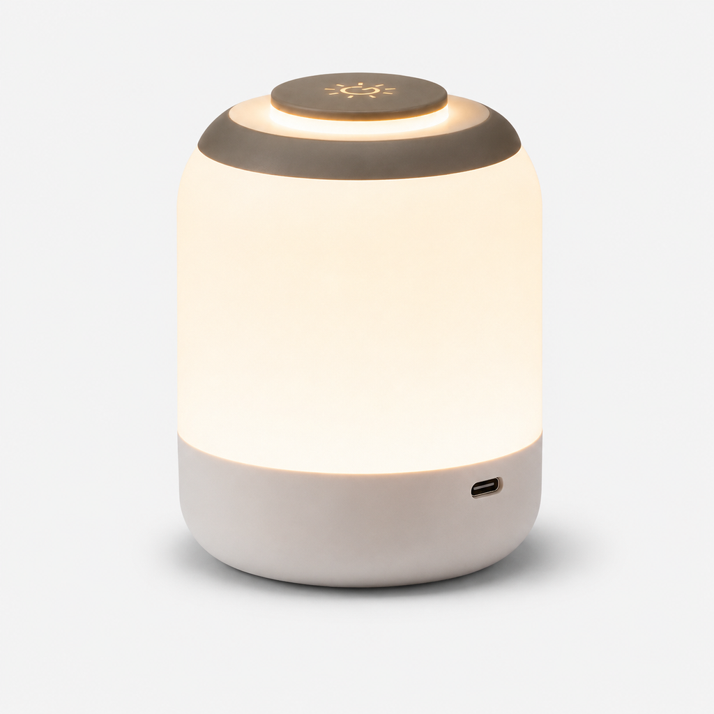 Lampe cylindrique allumée vue de trois quarts, base beige et prise de recharge latérale.