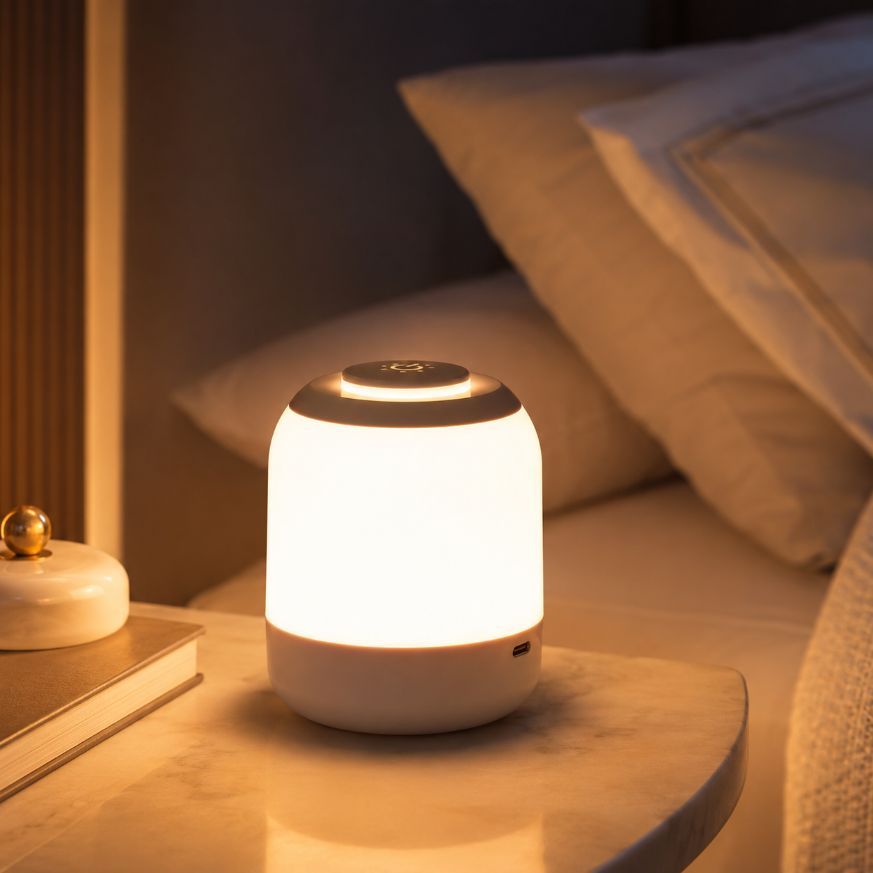 Lampe de chevet tactile rechargeable USB-C allumée sur une table de nuit
