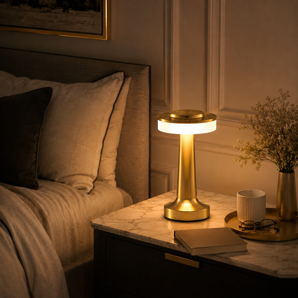 Lampe de chevet dorée rechargeable dans une chambre moderne